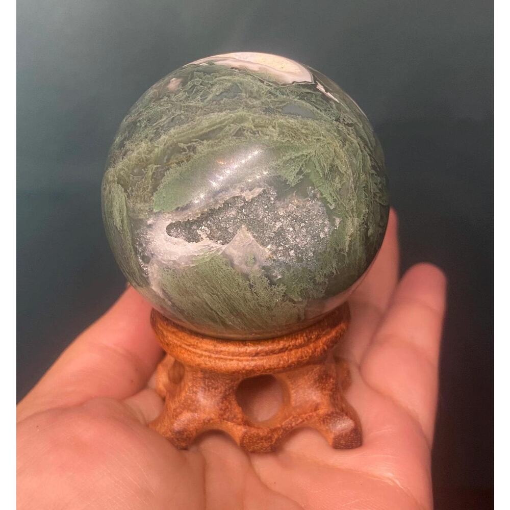 Druzy Moss Agate Crystal Sphere with Display Stand - 57 mm